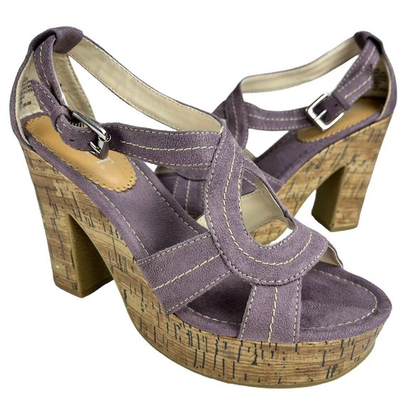 MixIt Strappy High Heel Shoes 6.5 Open Toe Cork 4” Heels Purple Suede 022-8051 - Picture 1 of 16
